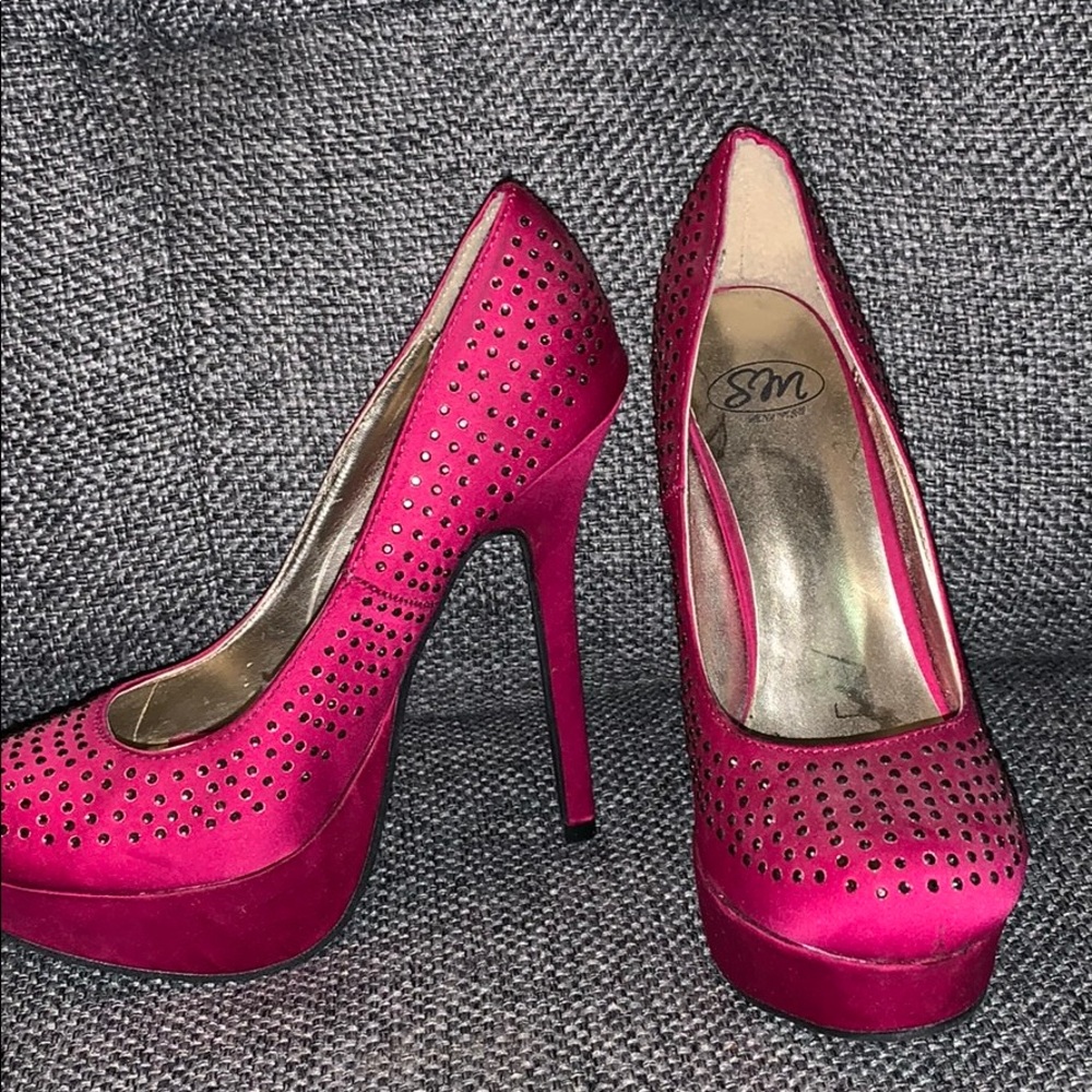 Satin Fuscia Bejeweled Pumps